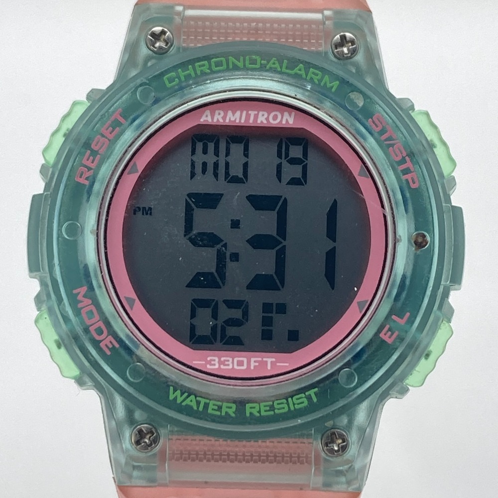Armitron Pro Sport Womens Watch Digital Pink Green Chrono Alarm Dual Time 8.5"